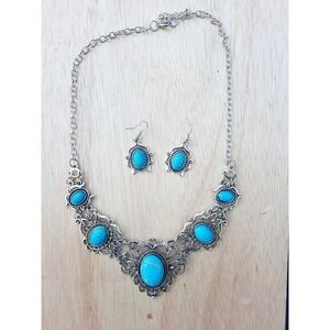Earrings + Necklace Boho Style Jewelry Set Silver Plated Turquoise